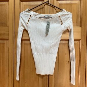 Cache Gold Tone Accent Stretch Ribbed White Lightweight Sweater Pullover New #2